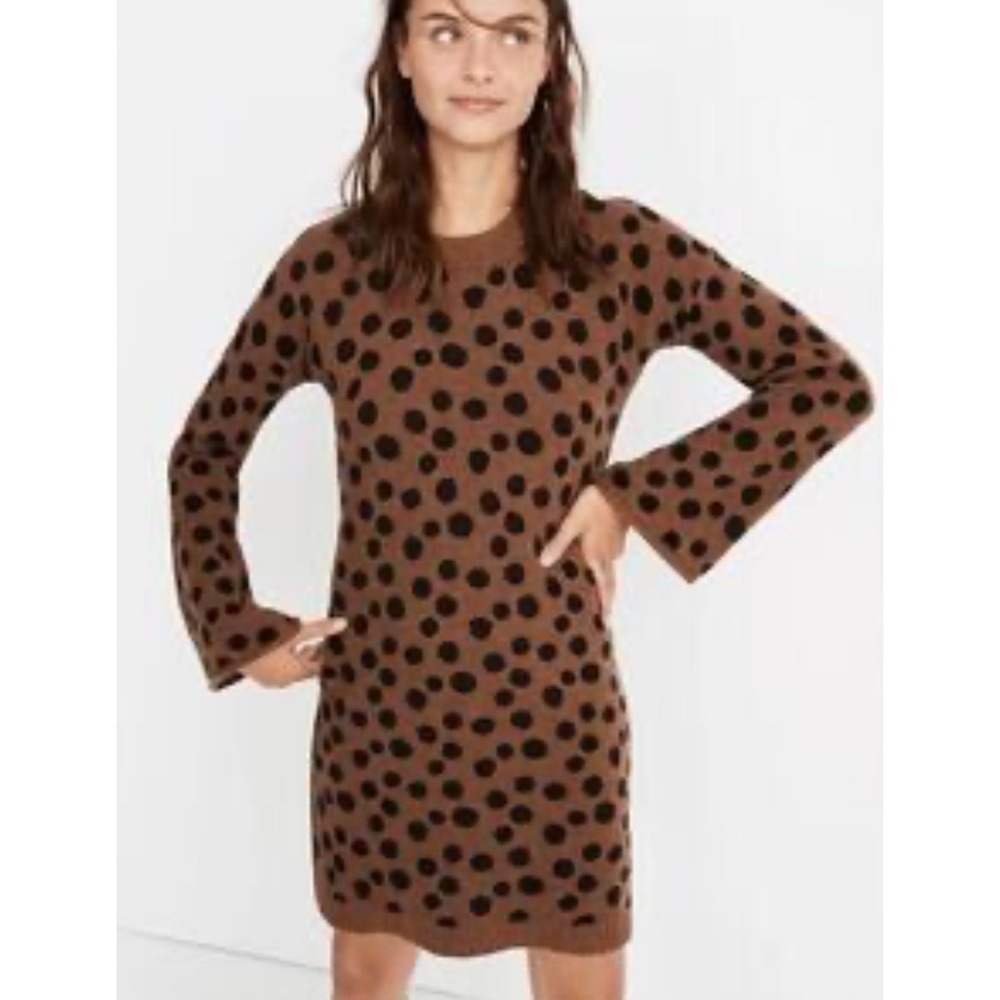 Madewell Sweater Dress‎ XS Brown Black Polka Dot Long Sleeve Knit Mini